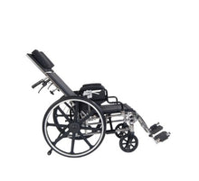 Load image into Gallery viewer, A black and silver manual wheelchair with an adjustable backrest and extended footrests, shown from a side profile on a solid white background.