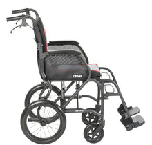Load image into Gallery viewer, A black manual wheelchair with gray and red accents, featuring a patterned seat cushion, side storage pocket, and foldable footrests, shown from a three-quarters angle on a white background.