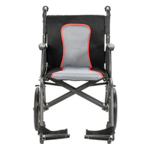Load image into Gallery viewer, A manual wheelchair with a black and gray mesh fabric seat and backrest, accented by a red trim outline, shown against a plain white background.
