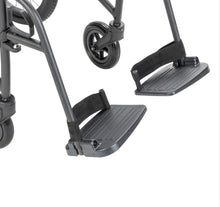 Load image into Gallery viewer, Close-up of a stroller or baby stroller frame with two black plastic footrests and black wheels on a white background.
