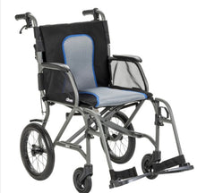 Load image into Gallery viewer, A compact folding wheelchair with a black and gray mesh seat and backrest, accented with blue trim, on a solid white background.
