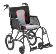 A lightweight folding wheelchair with a black frame, gray mesh seat and backrest, and red piping accents, shown on a plain white background.