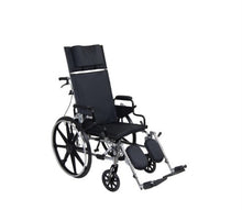 Load image into Gallery viewer, A lightweight manual wheelchair with a black fabric seat and backrest, black wheels, and a silver metal frame, shown against a plain white background.