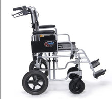 Load image into Gallery viewer, A compact electric wheelchair with a silver metal frame, black seat and backrest, and black wheels, shown from a three-quarter angle on a white background.