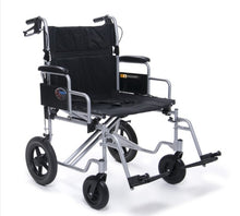 Load image into Gallery viewer, A compact folding wheelchair with a black fabric seat and backrest, mounted on a silver metal frame, shown against a plain white background.