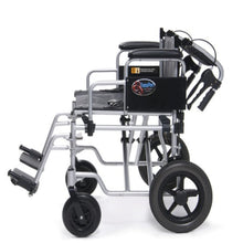 Load image into Gallery viewer, A compact folding wheelchair with a silver aluminum frame, black seat and backrest, and black wheels, shown from a side angle on a white background.