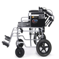 A compact folding wheelchair with a silver aluminum frame, black seat and backrest, and black wheels, shown from a side angle on a white background.