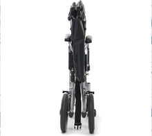 Load image into Gallery viewer, A folded electric wheelchair shown from the rear on a plain white studio background.