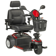 Black and red mobility scooter with large seat on a white background